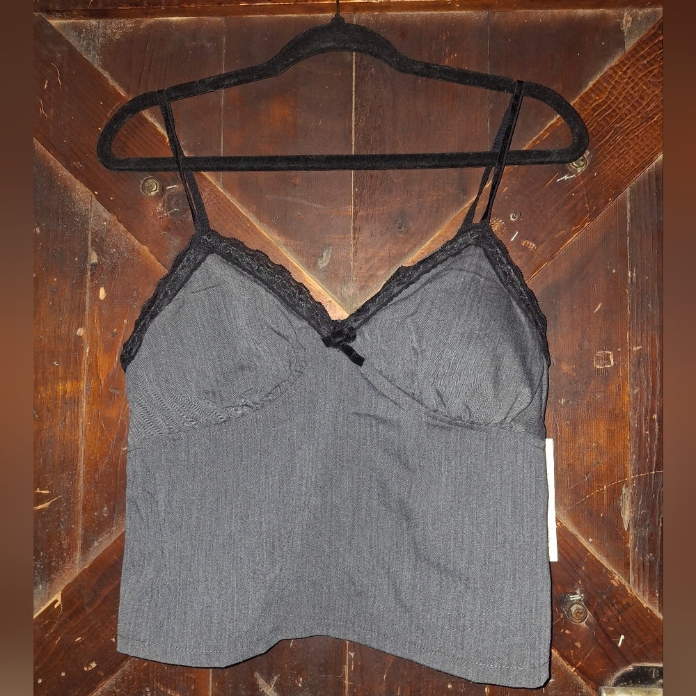 🍀3/15 Gray Strappy Camisole with Lace Trim Tank Top